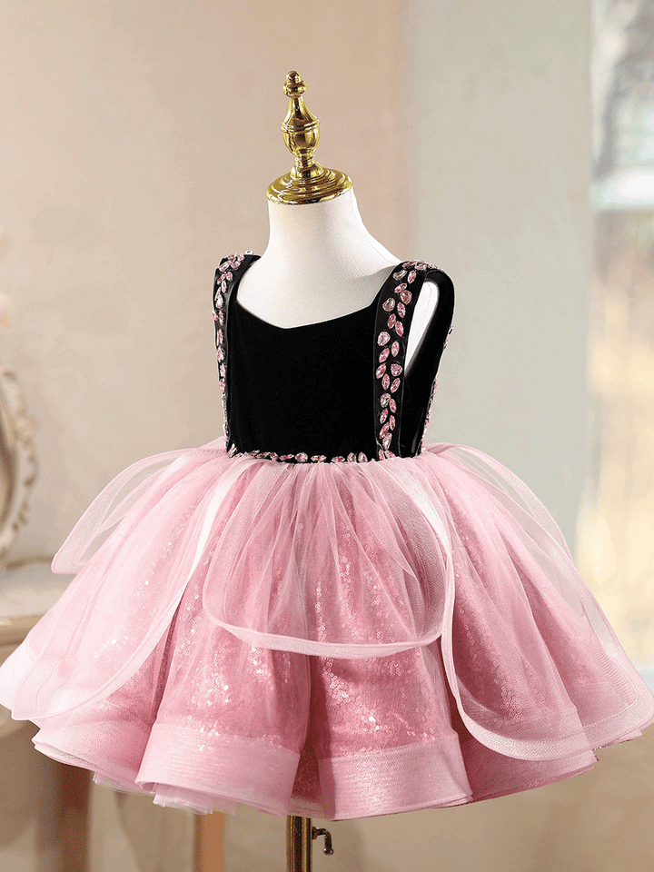 Luxury Pink Tulle Flower Girl Dress with Black Velvet Bodice Birthday Party Dress D257