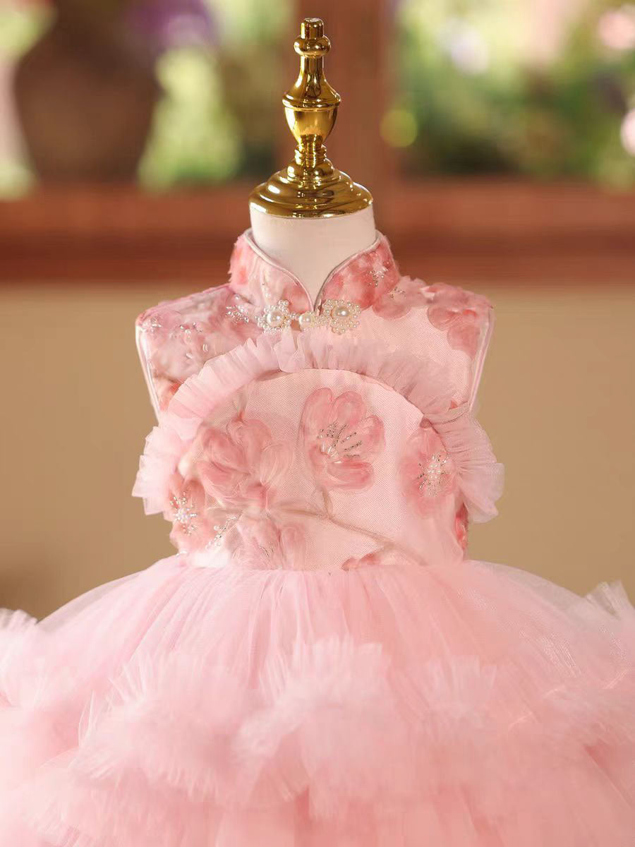 Princess Pink 3D Flowers Ruffled Kids Pageant Dress For Birthday Party D179