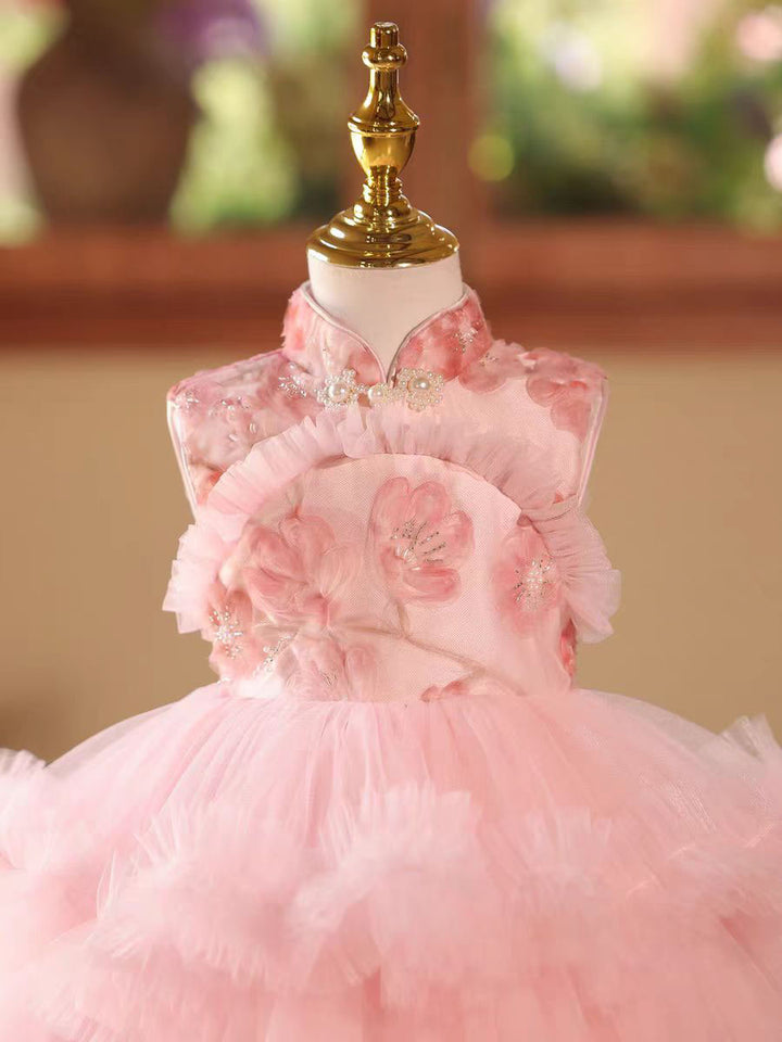 Princess Pink 3D Flowers Ruffled Kids Pageant Dress For Birthday Party D179