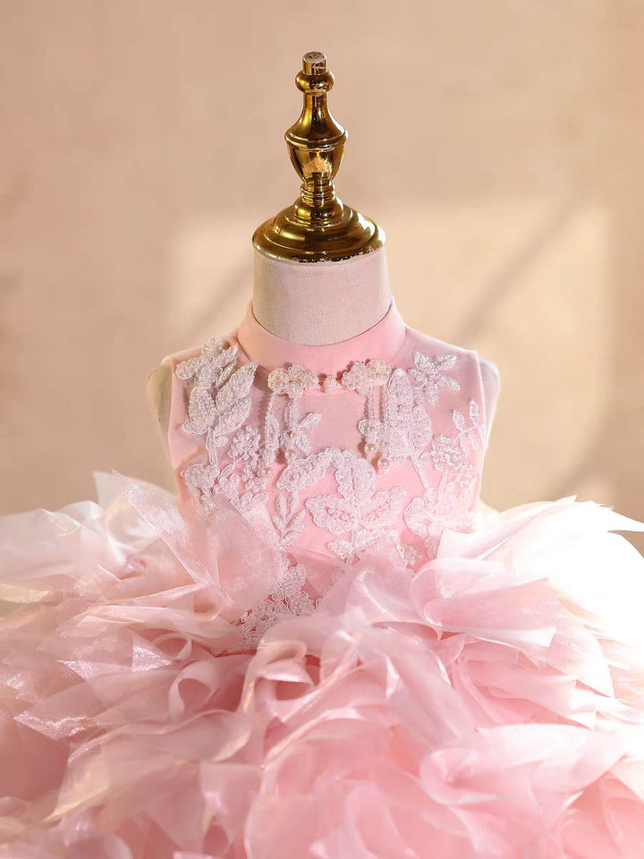 Luxury Pink Layered Ruffle Flower Girl Dress Kids Birthday Party D250