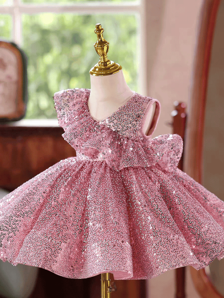 Luxury Pink Sequin Flower Girl Dress Puffy Princess Party Dress D246