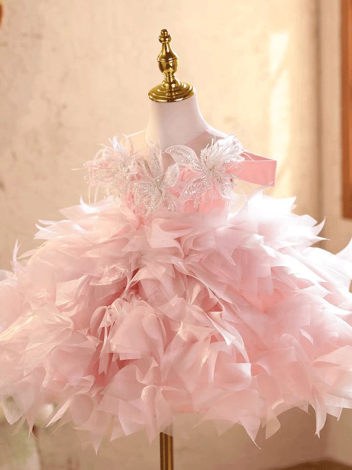 Pink Ruffle Flower Girl Dress with Butterfly Details Birthday Party Princess Gown J885