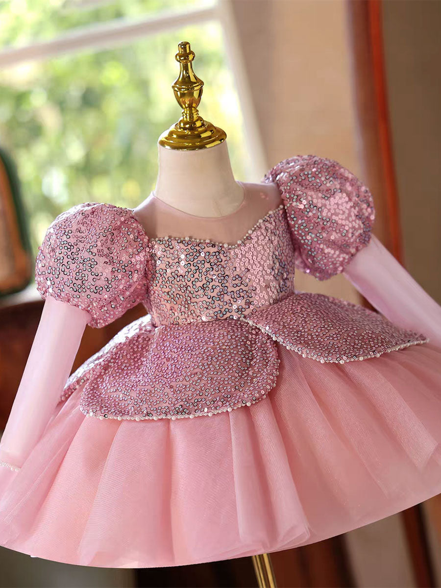 Sparkly Pink Birthday Party Dress with Puffy Sleeves and Sequins D180