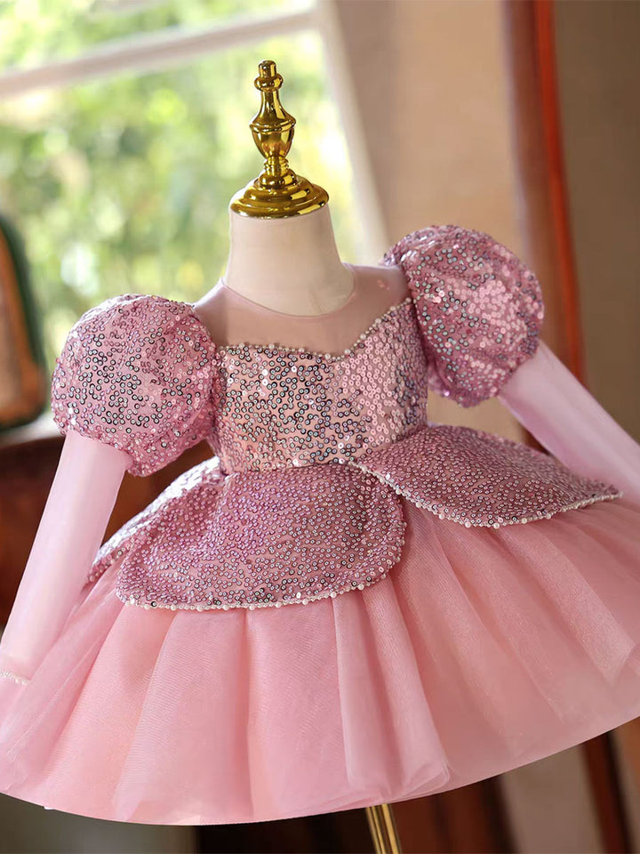 Sparkly Pink Birthday Party Dress with Puffy Sleeves and Sequins D180
