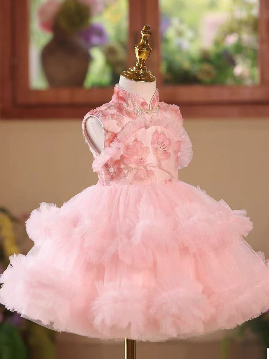 Princess Pink 3D Flowers Ruffled Kids Pageant Dress For Birthday Party D179