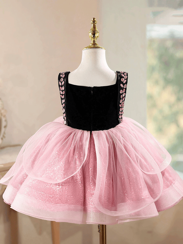 Luxury Pink Tulle Flower Girl Dress with Black Velvet Bodice Birthday Party Dress D257