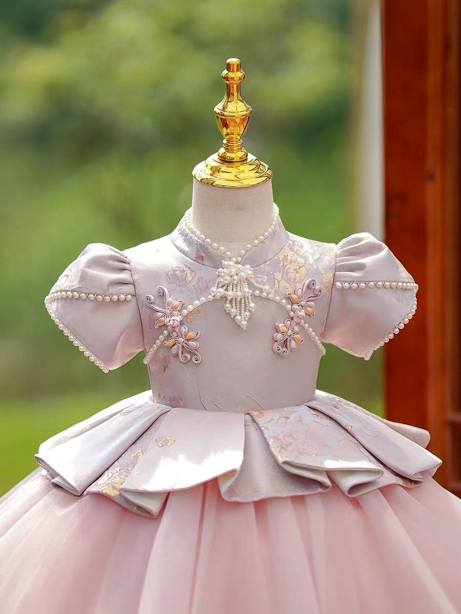 Elegant Pink Chinese Style Flower Girl Dress with Pearl Embroidery D177 Pink / child-10 Elegant Pink Chinese Style Flower Girl Dress with Pearl Embroidery D177 Pink / child-10