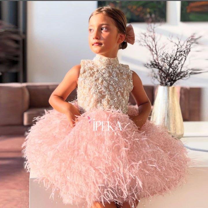 Elegant Pink Feather Flower Girl Dress Princess Kids Birthday Party Dress M005