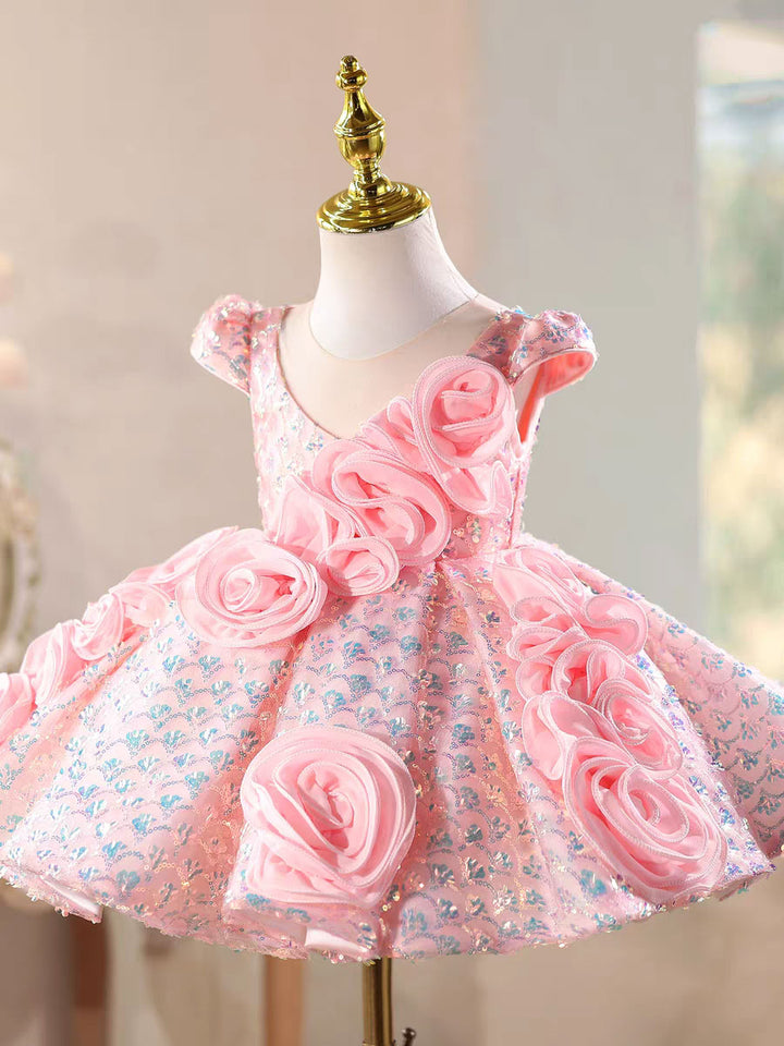 Elegant Pink Sequin Floral for Pageant Dress J872