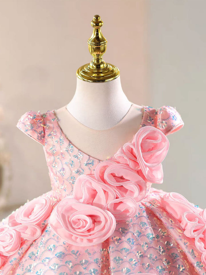 Elegant Pink Sequin Floral for Pageant Dress J872