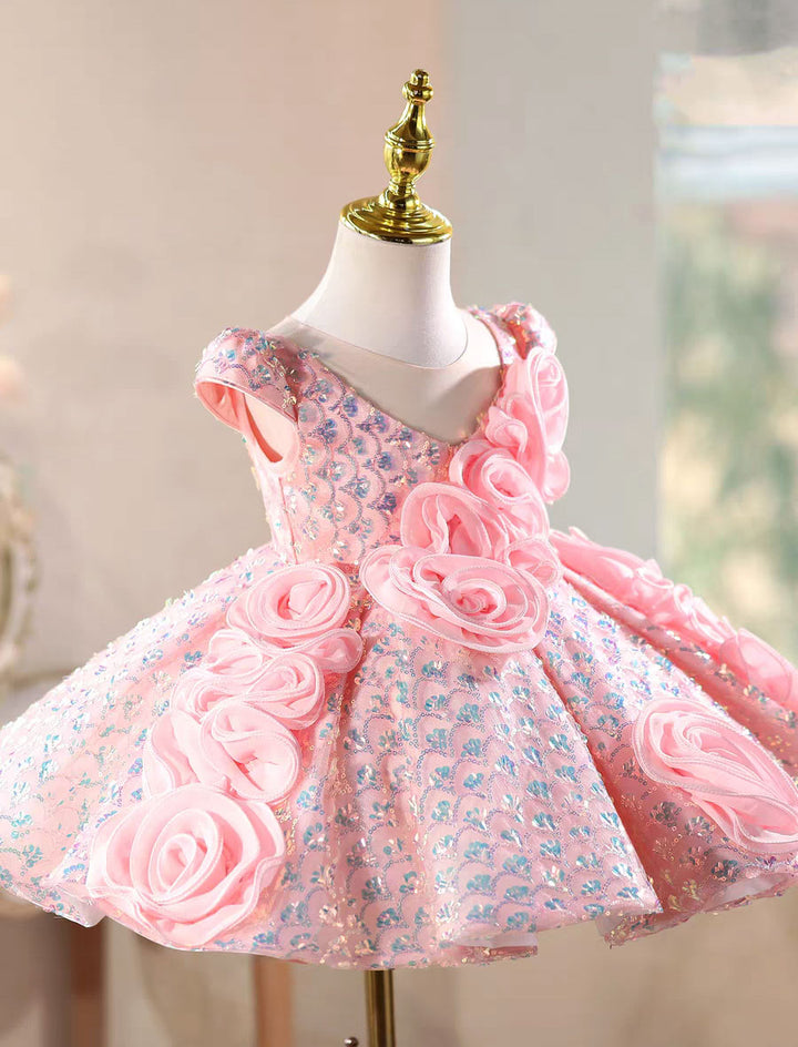 Elegant Pink Sequin Floral for Pageant Dress J872