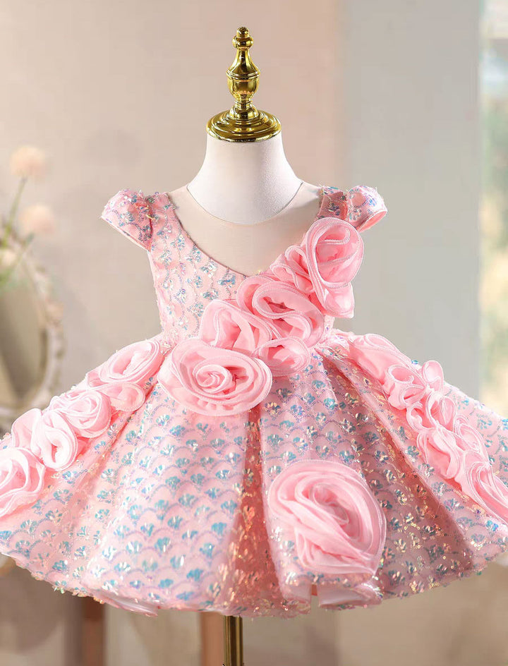 Elegant Pink Sequin Floral for Pageant Dress J872