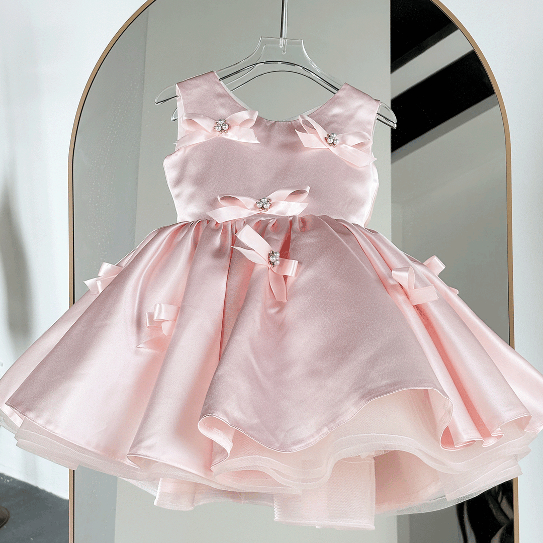 Elegant Pink Satin Flower Girl Dress with Bow Kids Princess Party Dress D255