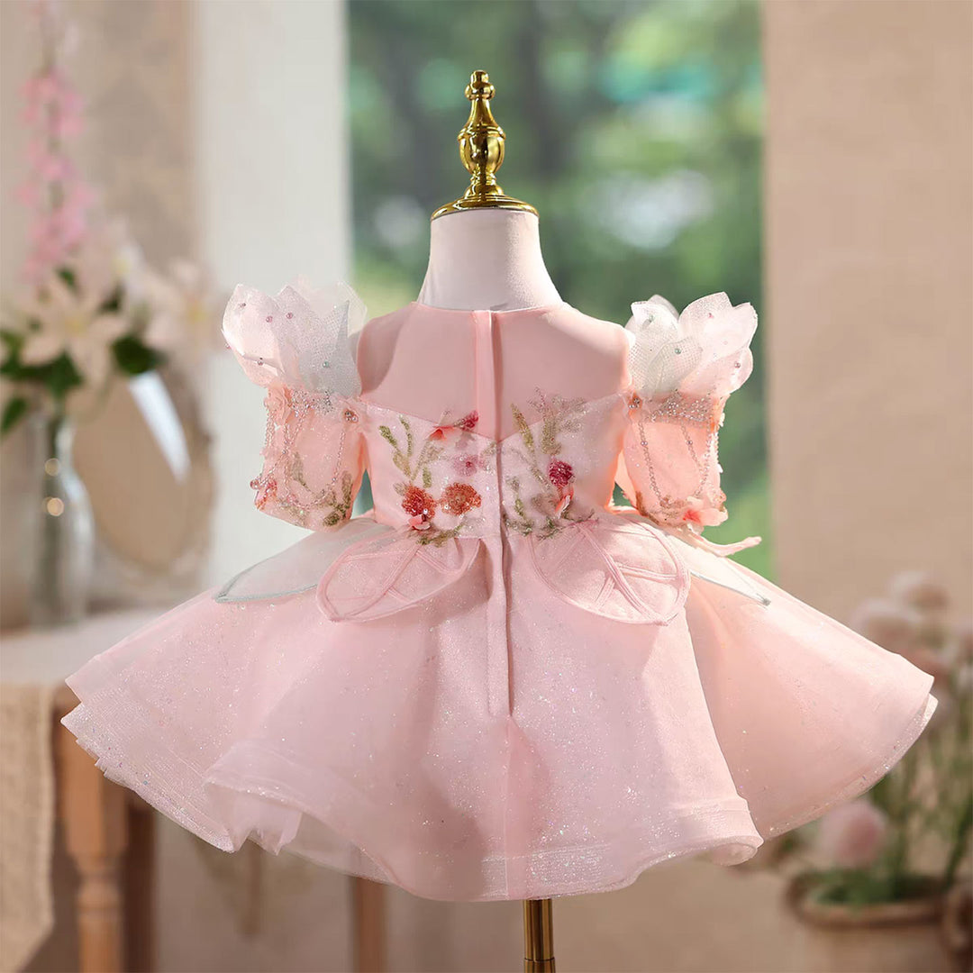 Flower Girl Dress Pink Beaded Sequin Applique Tulle Keen Length J566