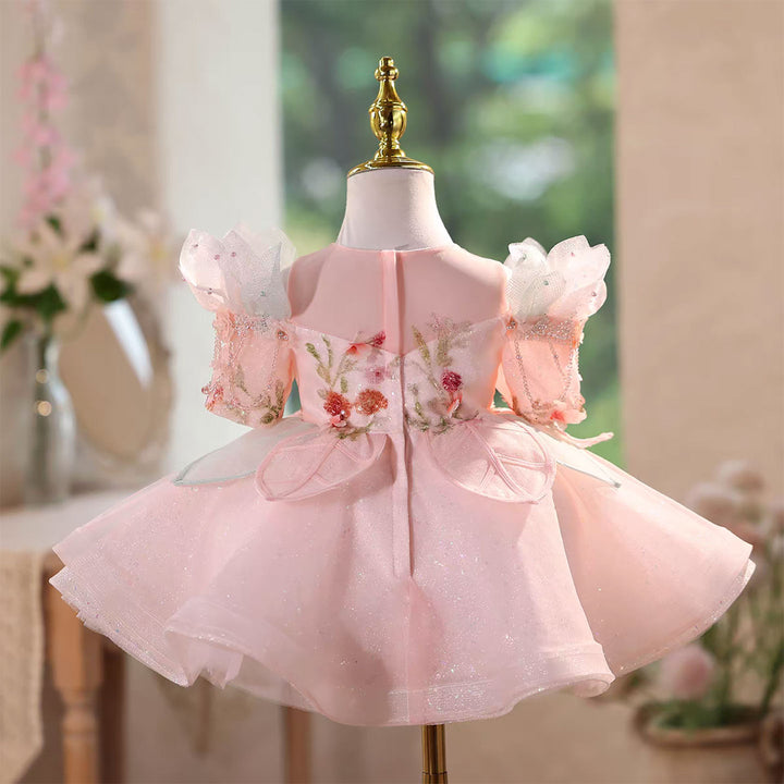 Flower Girl Dress Pink Beaded Sequin Applique Tulle Keen Length J566