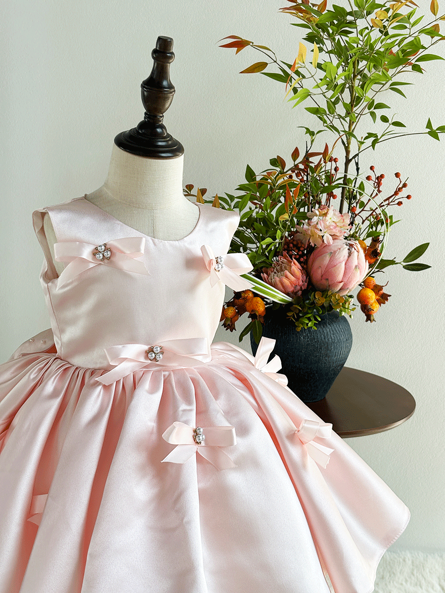 Elegant Pink Satin Flower Girl Dress with Bow Kids Princess Party Dress D255
