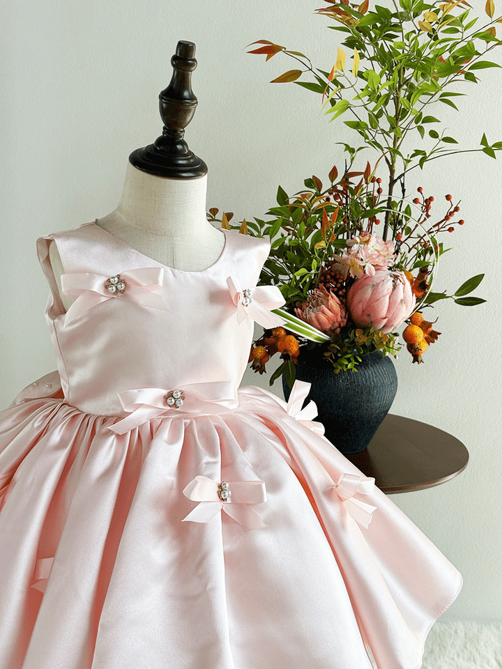 Elegant Pink Satin Flower Girl Dress with Bow Kids Princess Party Dress D255