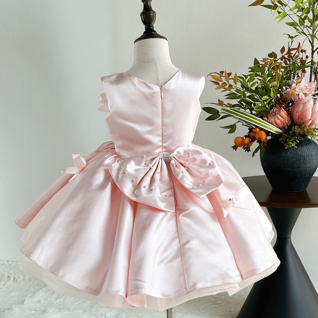 Elegant Pink Satin Flower Girl Dress with Bow Kids Princess Party Dress D255