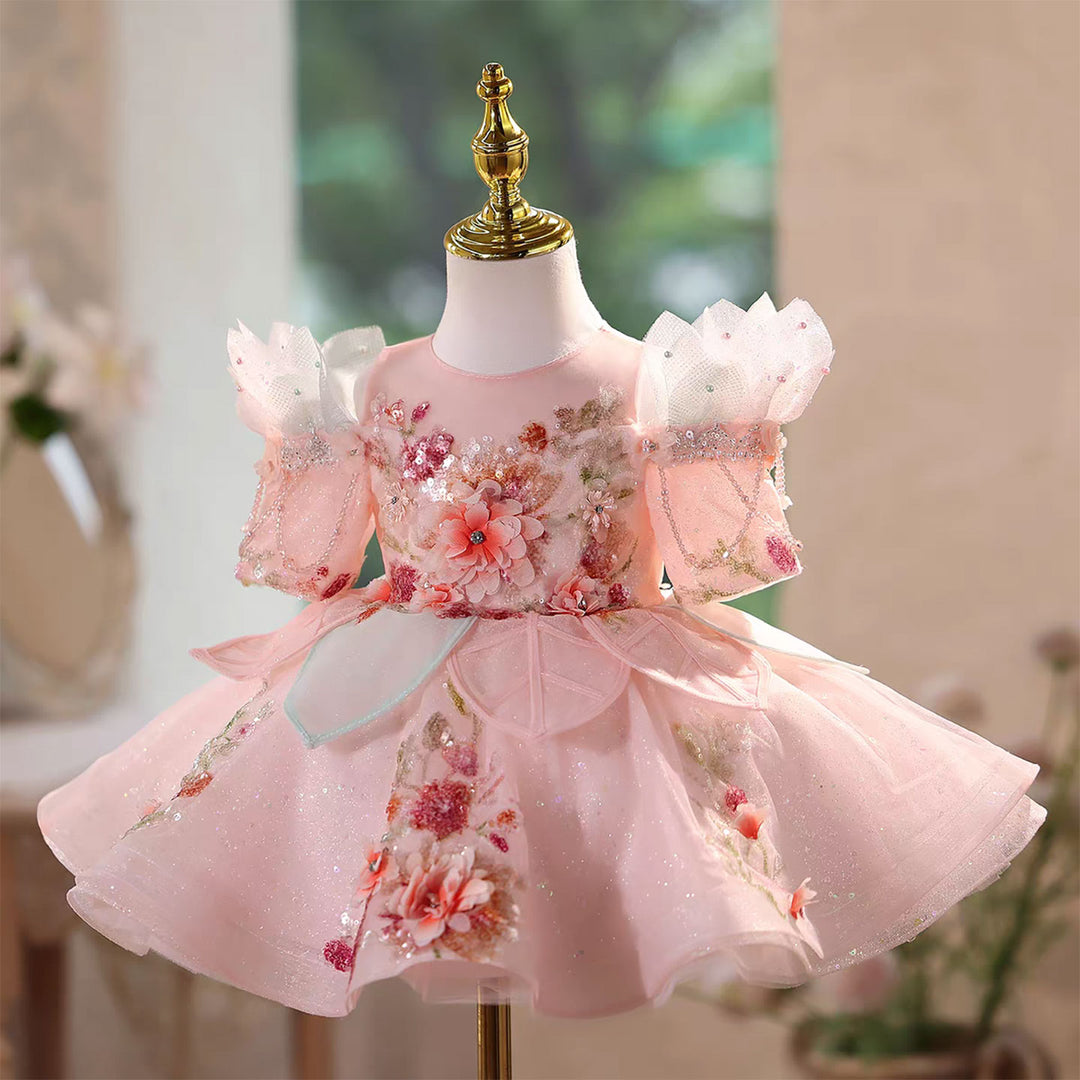 Flower Girl Dress Pink Beaded Sequin Applique Tulle Keen Length J566