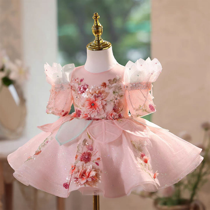 Flower Girl Dress Pink Beaded Sequin Applique Tulle Keen Length J566