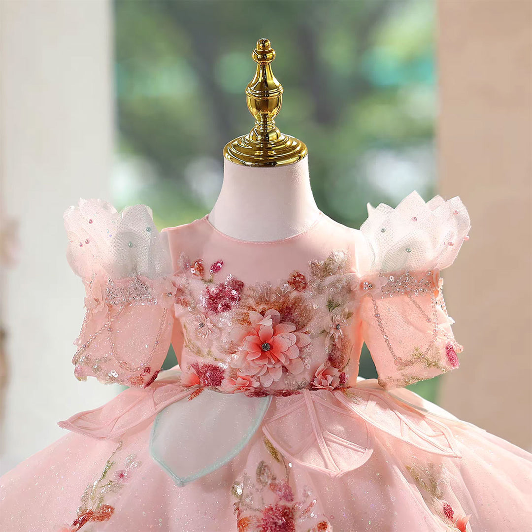 Flower Girl Dress Pink Beaded Sequin Applique Tulle Keen Length J566