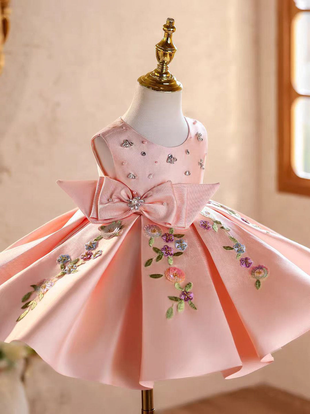 Luxury Pink Satin Princess Birthday Pageant Runway Flower Girl Dress J843