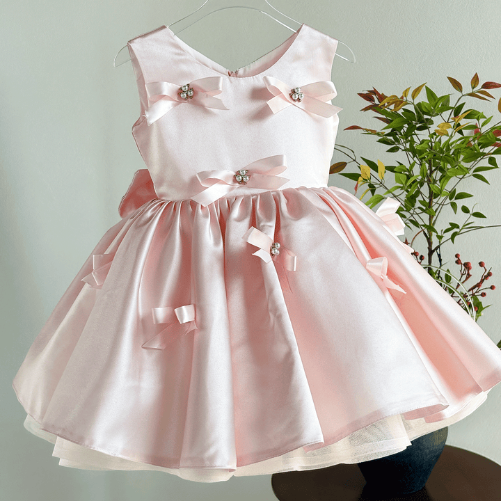 Elegant Pink Satin Flower Girl Dress with Bow Kids Princess Party Dress D255
