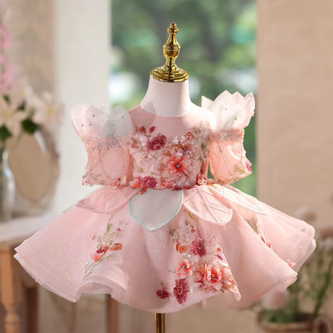 Flower Girl Dress Pink Beaded Sequin Applique Tulle Keen Length J566