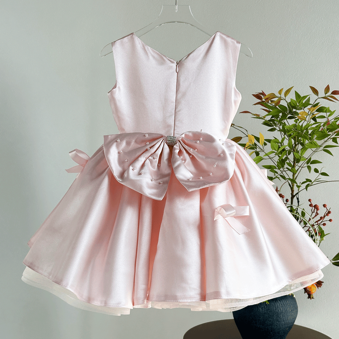 Elegant Pink Satin Flower Girl Dress with Bow Kids Princess Party Dress D255