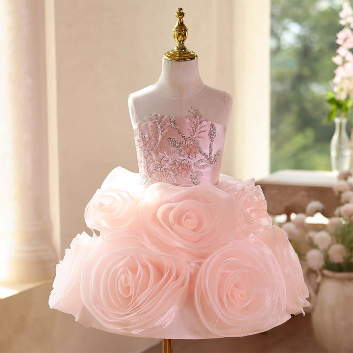 Pink 3D Rose Flower Girl Dress for Toddler Birthday Wedding Party D109