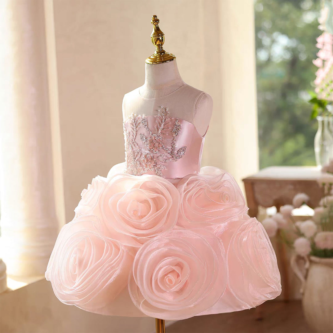Pink 3D Rose Flower Girl Dress for Toddler Birthday Wedding Party D109