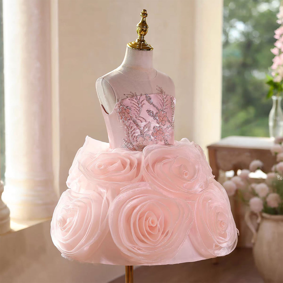 Pink 3D Rose Flower Girl Dress for Toddler Birthday Wedding Party D109