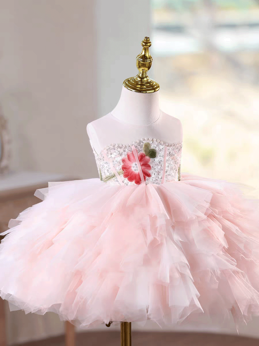 Luxury Pink Tulle Princess Dress for Girls Floral Sequin Birthday Party Gown D253