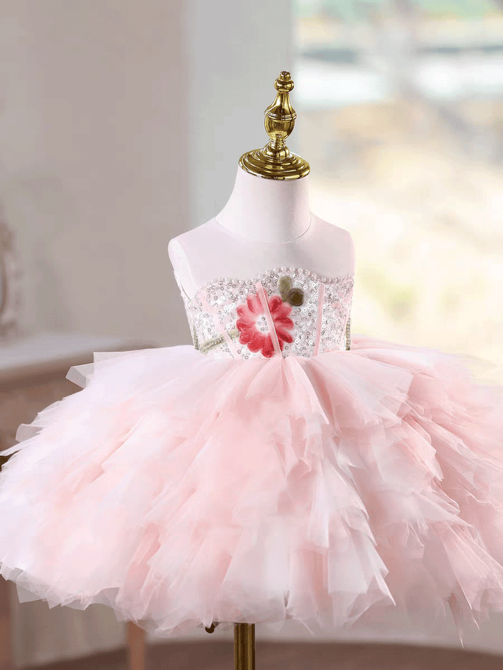 Luxury Pink Tulle Princess Dress for Girls Floral Sequin Birthday Party Gown D253