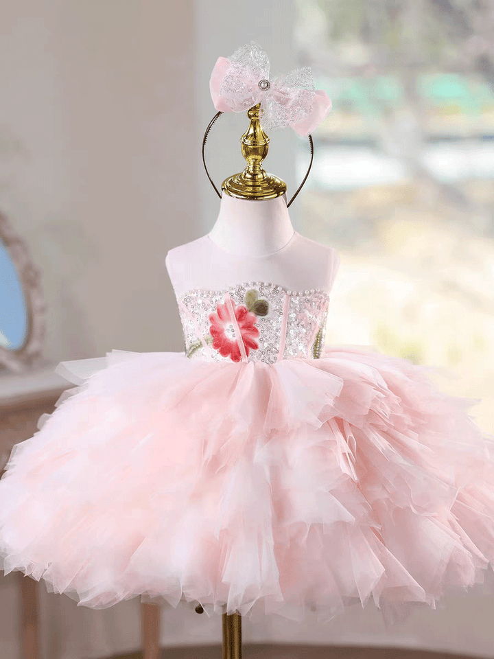 Luxury Pink Tulle Princess Dress for Girls Floral Sequin Birthday Party Gown D253