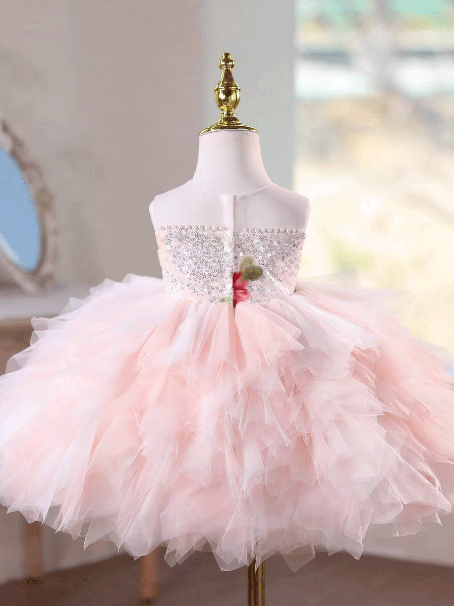 Luxury Pink Tulle Princess Dress for Girls Floral Sequin Birthday Party Gown D253