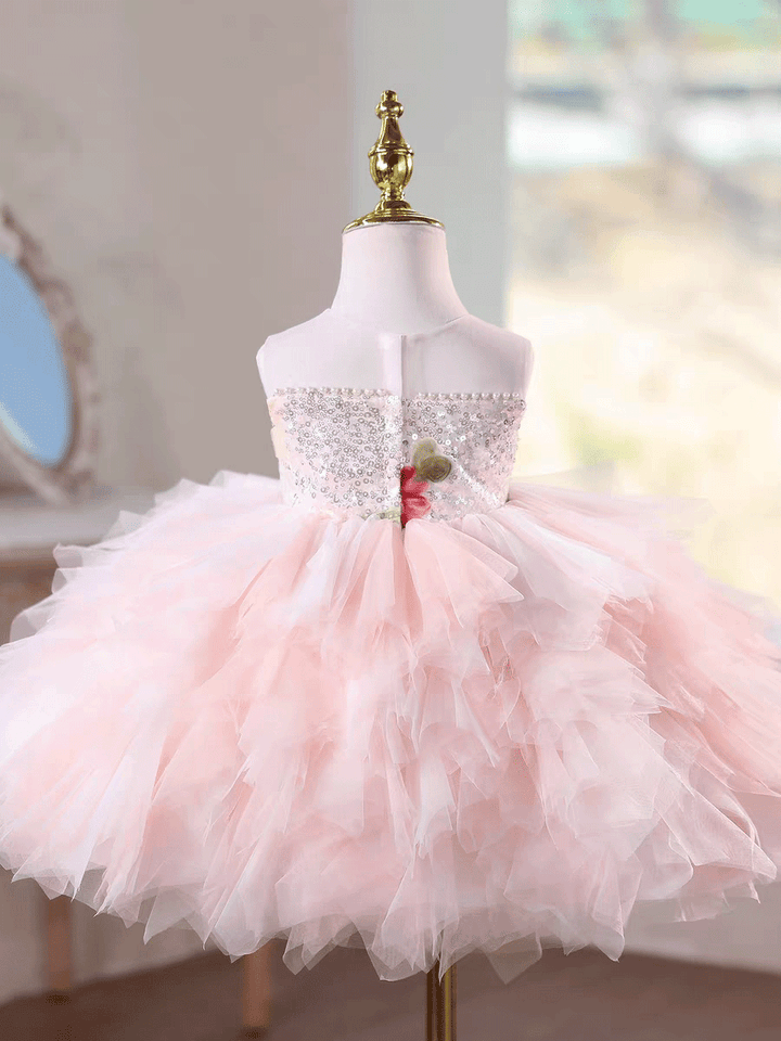 Luxury Pink Tulle Princess Dress for Girls Floral Sequin Birthday Party Gown D253
