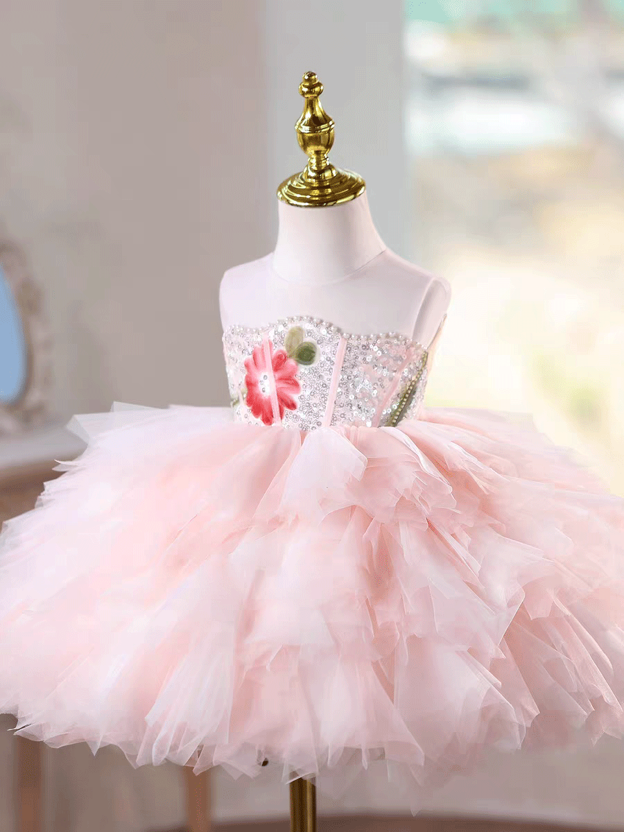 Luxury Pink Tulle Princess Dress for Girls Floral Sequin Birthday Party Gown D253