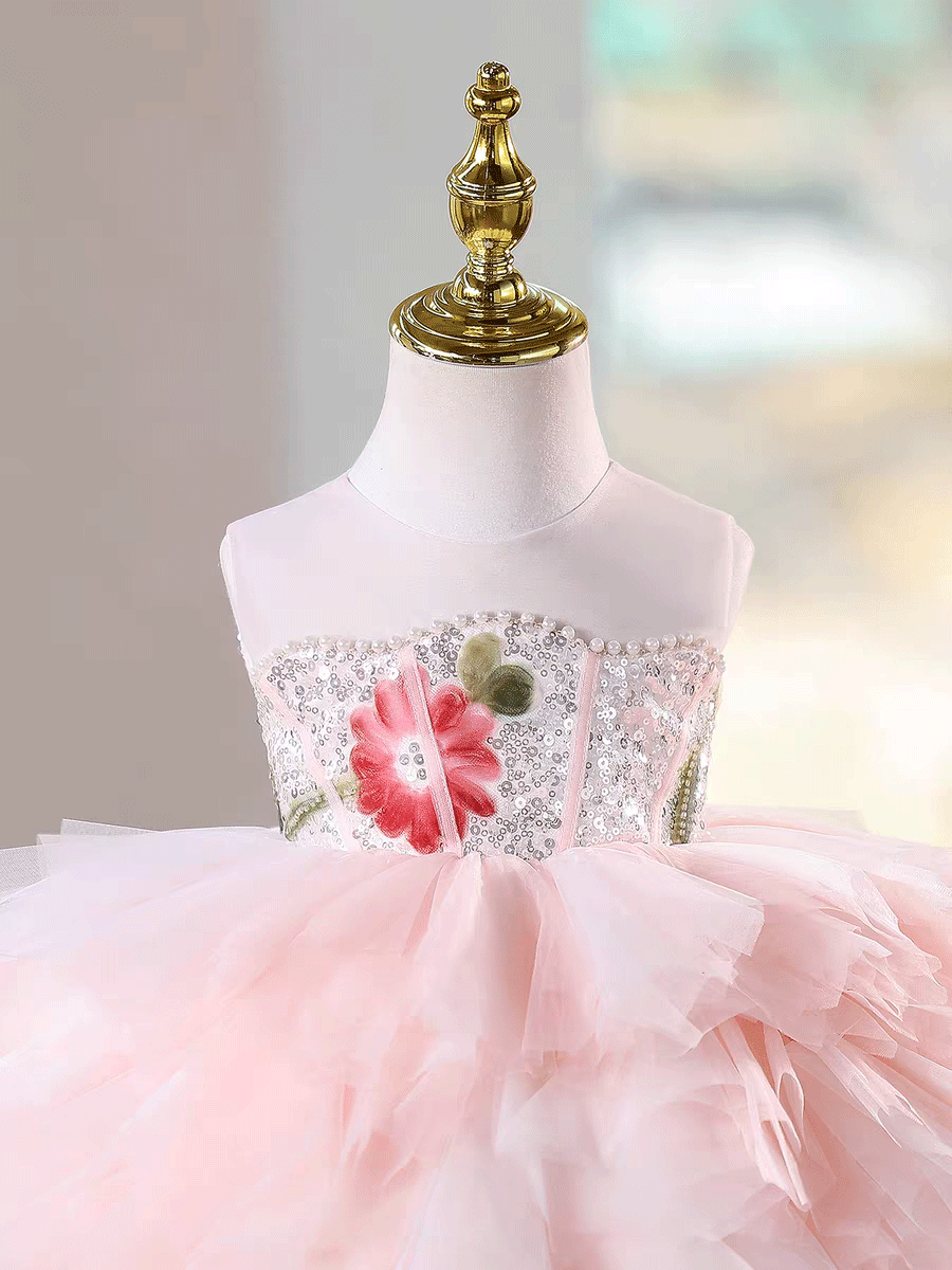 Luxury Pink Tulle Princess Dress for Girls Floral Sequin Birthday Party Gown D253