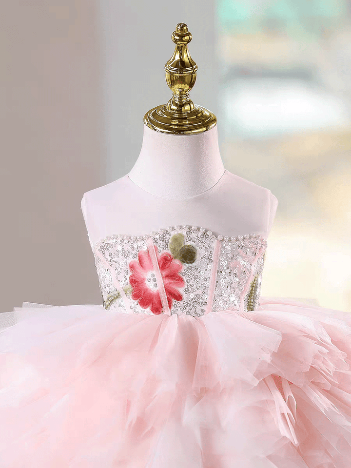 Luxury Pink Tulle Princess Dress for Girls Floral Sequin Birthday Party Gown D253