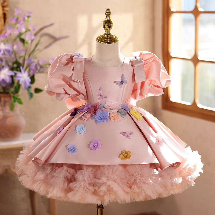 Elegant Pink Satin with Puff Sleeves 3D Flowers Butterfly Princess Dress J876