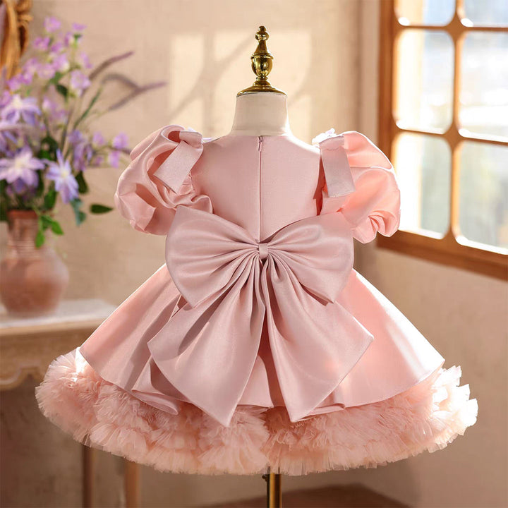 Elegant Pink Satin with Puff Sleeves 3D Flowers Butterfly Princess Dress J876