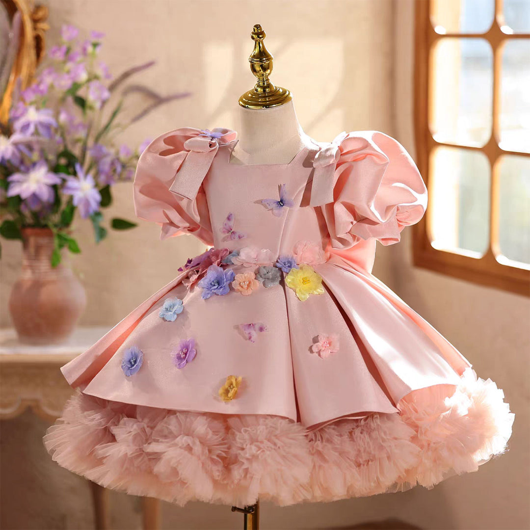 Elegant Pink Satin with Puff Sleeves 3D Flowers Butterfly Princess Dress J876