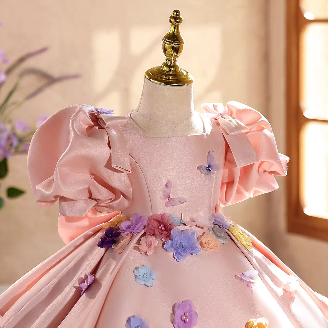 Elegant Pink Satin with Puff Sleeves 3D Flowers Butterfly Princess Dress J876