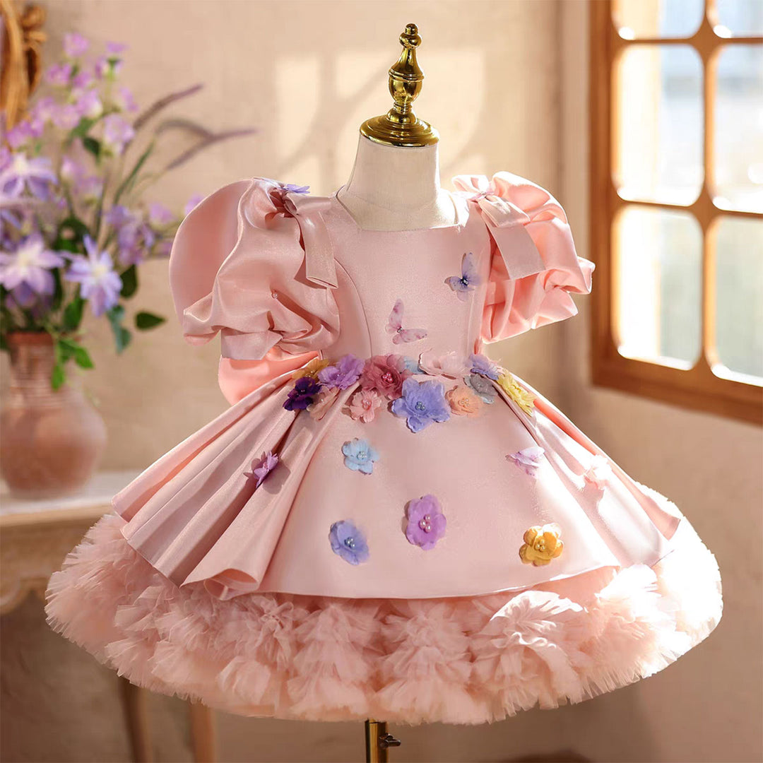 Elegant Pink Satin with Puff Sleeves 3D Flowers Butterfly Princess Dress J876
