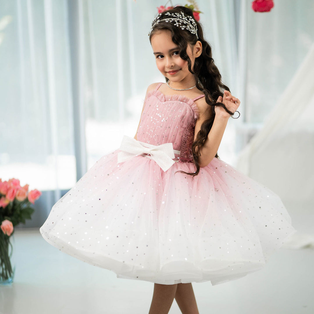 Twinkle Pink Flower Girl Dress with White Bow for Toddler Party D133