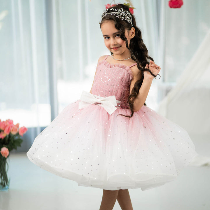 Twinkle Pink Flower Girl Dress with White Bow for Toddler Party D133