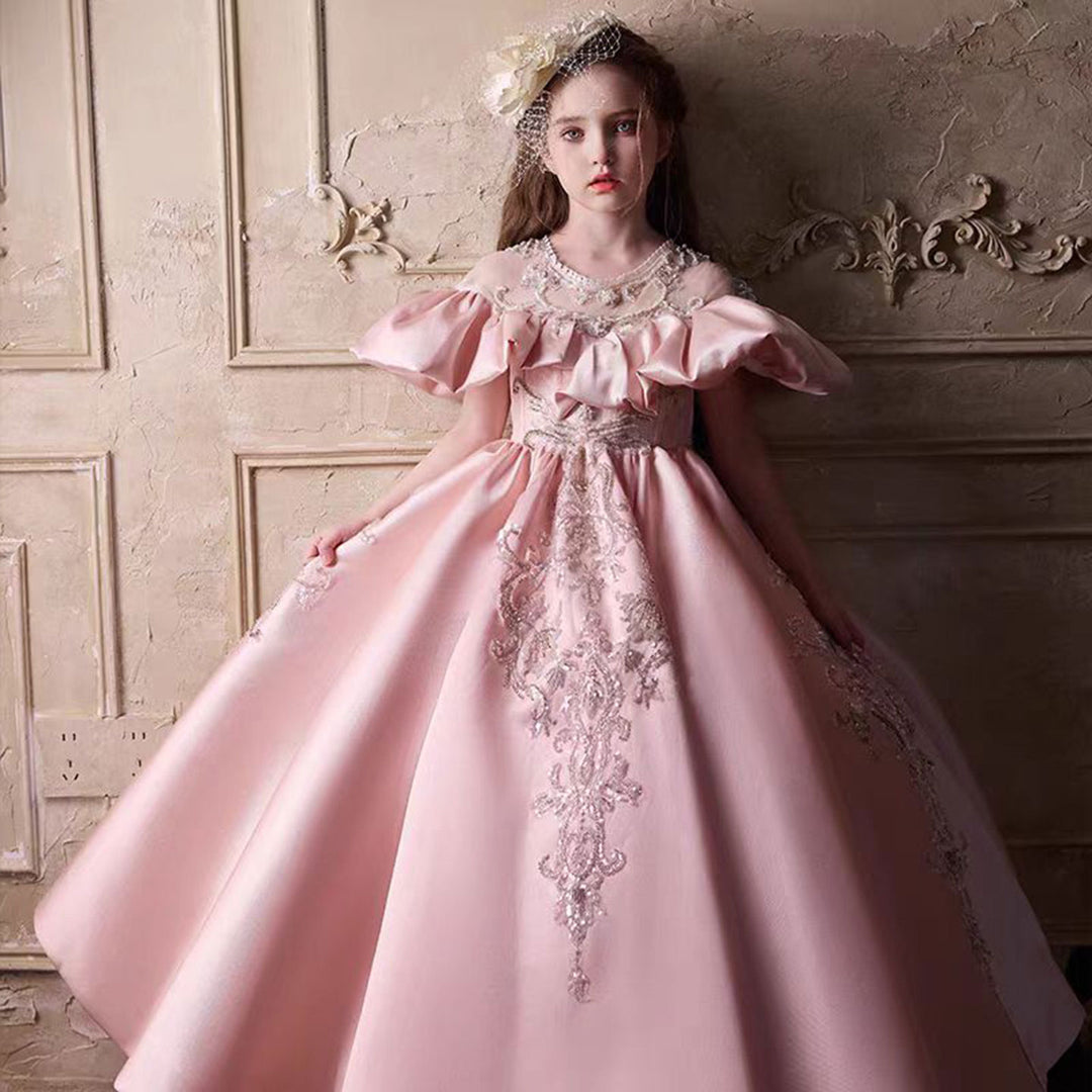Luxury Embroidered Lace Stain Flower Princess Girl Dress Pink J255 Luxury Embroidered Lace Stain Flower Princess Girl Dress Pink J255