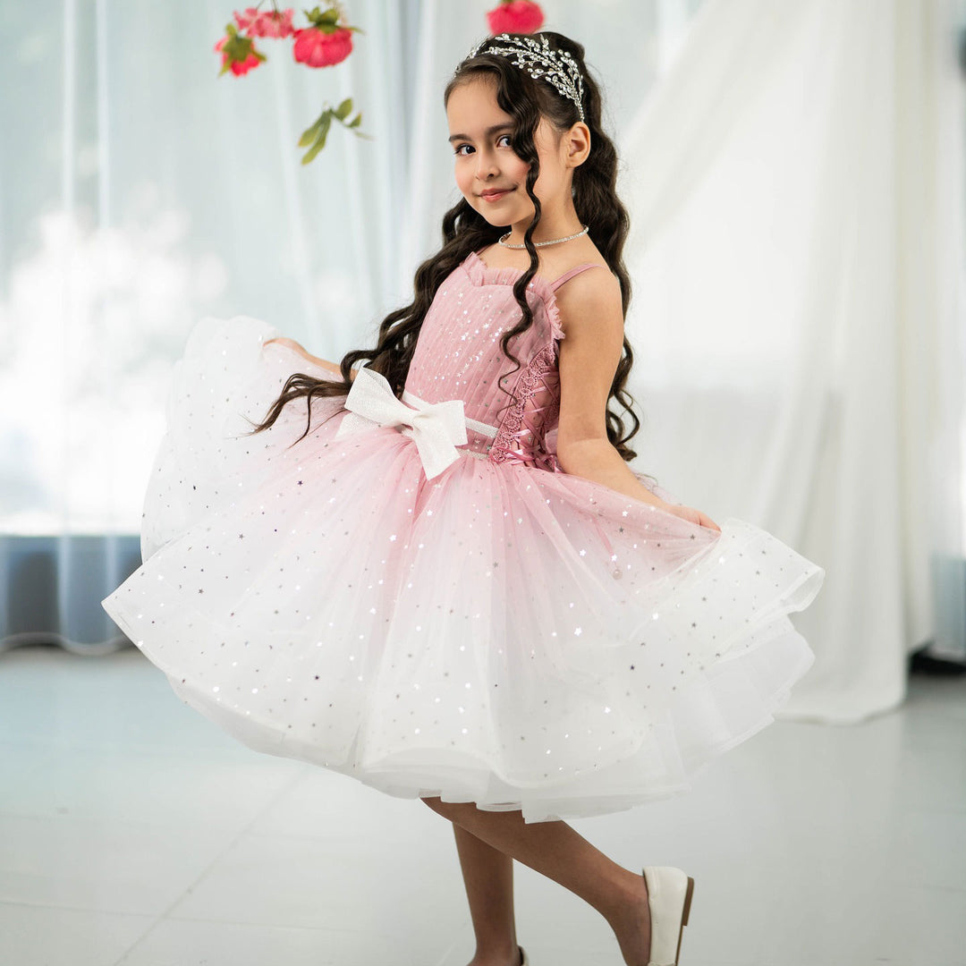 Twinkle Pink Flower Girl Dress with White Bow for Toddler Party D133