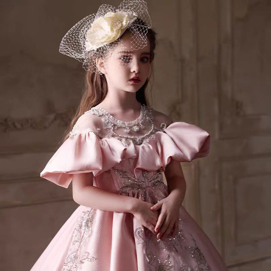 Luxury Embroidered Lace Stain Flower Princess Girl Dress Pink J255 Luxury Embroidered Lace Stain Flower Princess Girl Dress Pink J255
